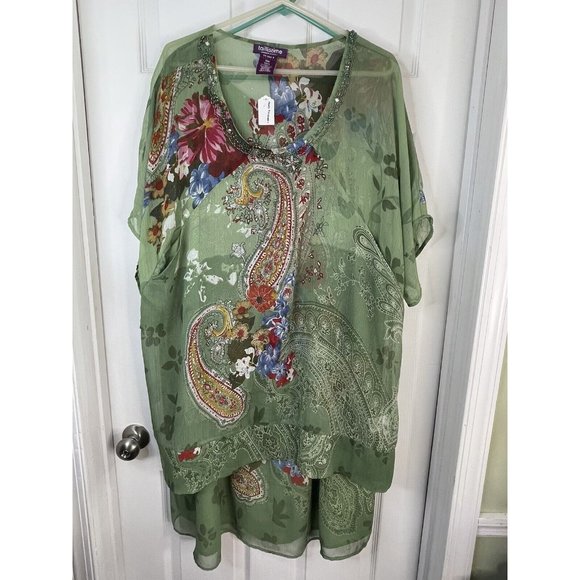 Taillissime 2 Piece Top Set 20w Green Floral & Sequins beaded neckline - Picture 1 of 6